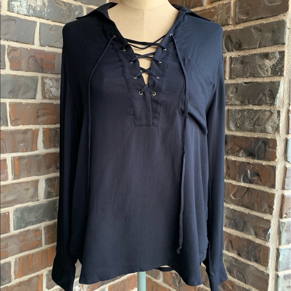NWT Blouse Black Lace-Up Office Long Sleeve - Small - Picture 2 of 7